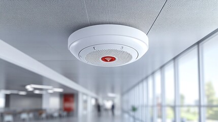 Ceiling-mounted white speaker with red alert button, indoors