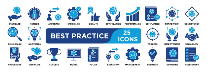 best practice icon collection set. Containing standard,method,approach,efficiency,quality,optimization,performance,compliance,framework,process icon. simple line vector.