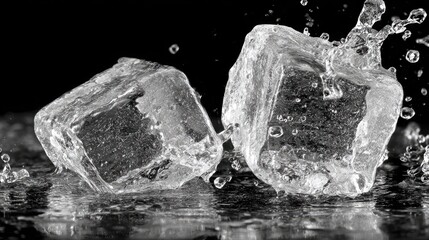 Two ice cubes with water splashes