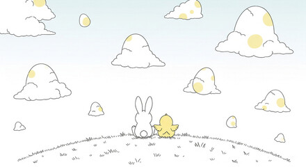 Cute bunny and chick friends watch whimsical egg-shaped clouds drift across a bright sky