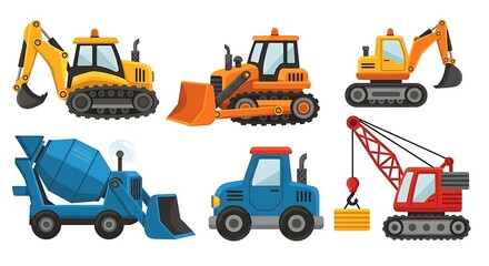 Colorful Cartoon Construction Vehicles Vector Illustration for Children's Books and Games