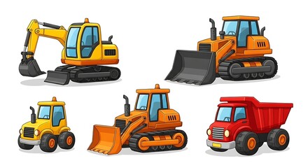 Cartoon Construction Vehicles Isolated on White Background Providing Graphic Elements