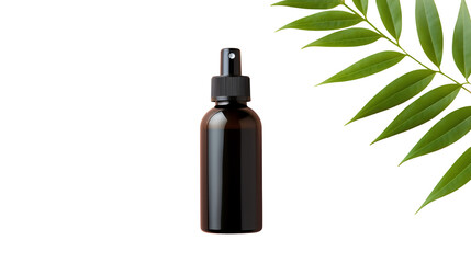 Discover natural beauty with this amber spray bottle featuring a fresh green leaf accent