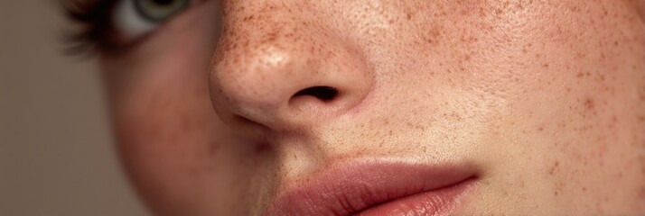 Close-up of Natural Face Beauty Highlighting Freckles and Skin Texture Against a Smooth Gradient Background