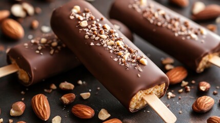 Chocolate-covered almond ice pops on a dark surface