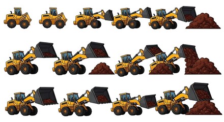 Naklejka premium A cartoon illustration of yellow construction front loaders in different stages of carrying dirt