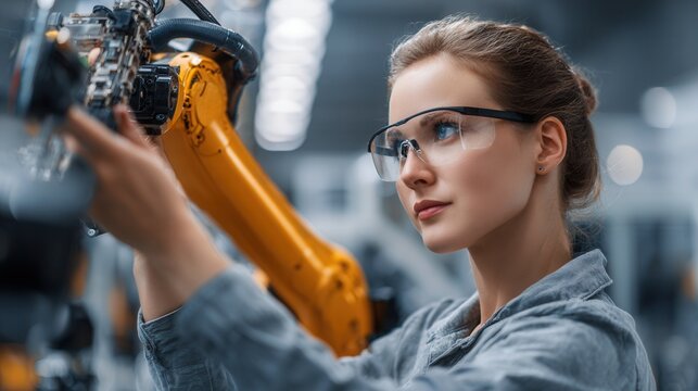 Female engineer in safety glasses inspects robotic arm in modern factory setting