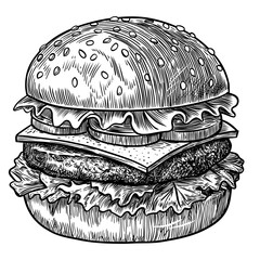 Detailed black engraving-style illustration of a delicious hamburger. Perfect for food, fast food, and restaurant-themed designs.