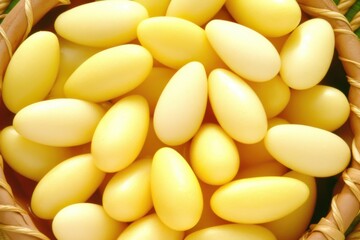 Fototapeta premium Yellow Decorative Eggs in Woven Basket Perfect for Spring Celebrations