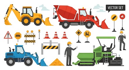 Construction vehicles and equipment vector set perfect for industrial designs and prints
