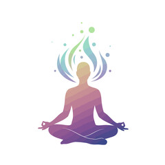 A serene silhouette of a person meditating with colorful energy emanating above their head, symbolizing inner peace.