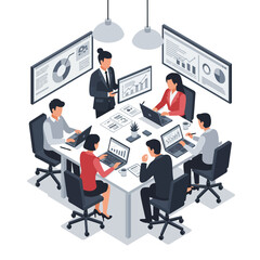 Business team members collaborating in a modern office, analyzing data and presenting information.