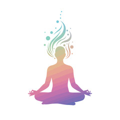 Silhouette of a person meditating with colorful energy emanating from the head, isolated on white.