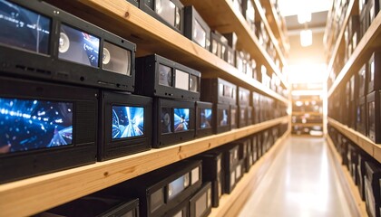 Obraz premium Vast Archive of Retro VHS Video Tapes on Wooden Shelves, Illuminated Aisle with Old Cassettes Showing Content on Screens, Nostalgic Media Collection.