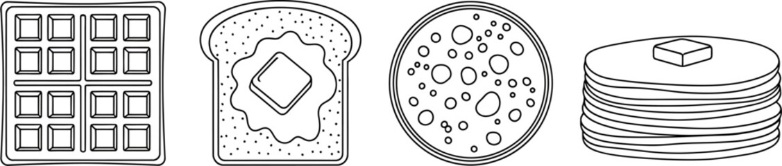 Obraz premium Breakfast food vector icon set. Line art illustration of classic morning meals like waffles, toast, and pancakes.