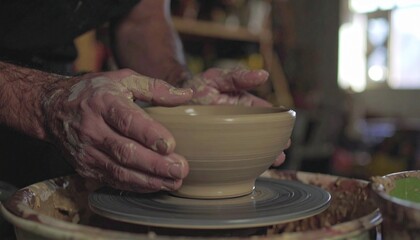 Close-up of a potter's hands shaping a clay bowl on a spinning pottery wheel in a workshop.