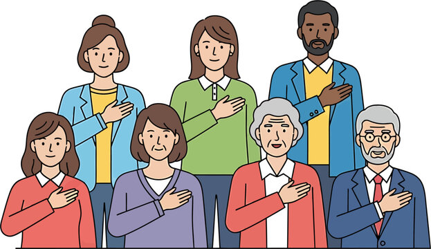 A diverse group of patriotic people pledging allegiance with hands on their hearts. Vector concept of unity and respect.