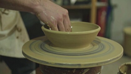 A potter shapes a clay bowl on a spinning pottery wheel, using wet hands to mold and smooth the ceramic form.