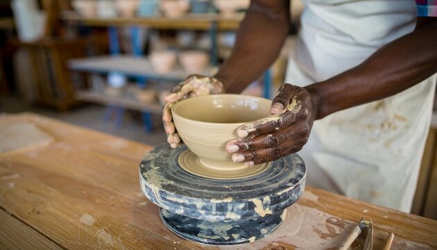 Close-up of a potter shaping a clay bowl on a spinning wheel, with finished pottery visible in the background. - Powered by Adobe