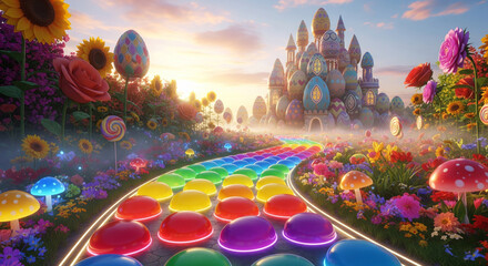 Whimsical dreamscape unfolds with a candy path leading to an egg-shaped castle amidst vibrant flowers and sunflowers.