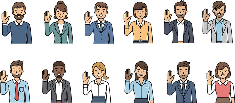 Vector illustration set of diverse business people raising their hands. Multi-ethnic group of professionals taking an oath or voting.
