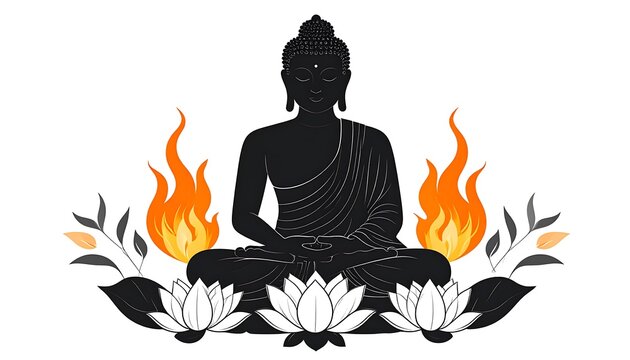 black buddha meditating with fire and lotus clip art preview
