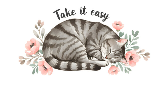 A sleeping tabby cat curled up amidst delicate floral arrangements, with the phrase "Take it easy".