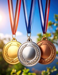 Three medals hanging, awards