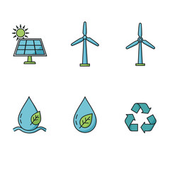 Illustrated icons showcasing renewable energy sources, including solar, wind, and water, with recycling symbol.