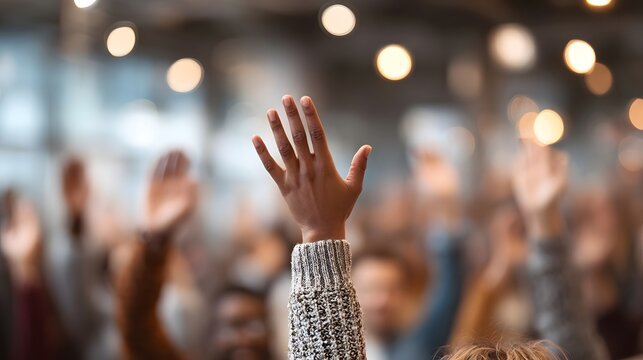 Group of people raising hands in unison during a meeting