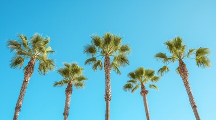 Obraz premium Vibrant palm trees reach towards a clear, brilliant blue sky on a perfect summer day