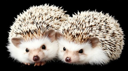 Obraz premium Two Adorable White and Beige Hedgehogs Huddle Together Against Black Background
