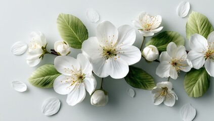 Obraz premium Delicate white blossoms arranged on a light gray surface. Fresh spring flowers with leaves and petals