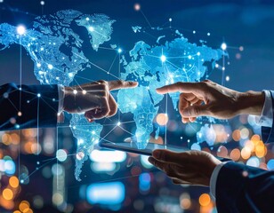 Diverse Hands on Transparent Touchscreen: Global Business Network Map. Connectivity, Collaboration & Futuristic Business