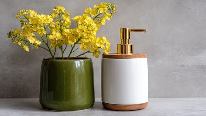 A muted green ceramic vase holding bright yellow flowers sits beside a white pump dispenser with a wooden trim