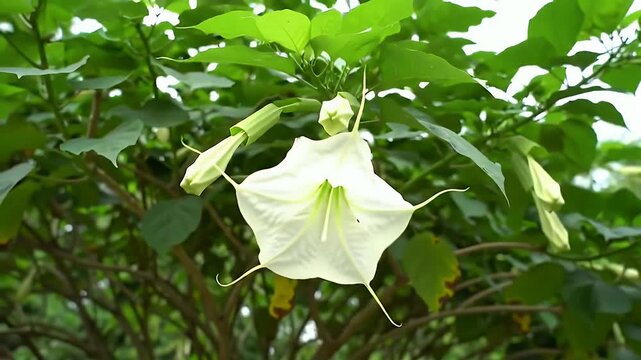 Blooming White Datura Flower with Green Leaves in Natural Setting Close Up