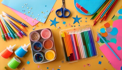 Colorful Art and Craft Supplies Flat Lay. Vibrant creative materials for DIY projects, school, and hobbies on a yellow background.