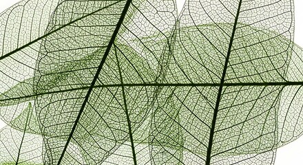Closeup macro view of translucent green skeleton leaves with intricate vein patterns, showcasing the delicate organic structure of nature