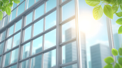 Architectural Detail of Urban Building Featuring Green Tinted Windows