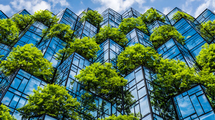 Modern Office Facade with Reflective Green Glass Panels Close-Up