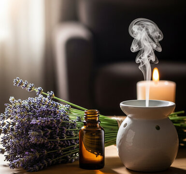 lavender oil and lavender flowers on the table