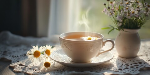 Cup of chamomile tea with flowers on a lace tablecloth.