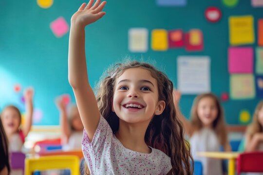 Energetic classroom scene with smiling schoolgirl raising hand, colorful classroom in background
