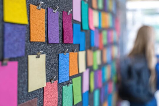 Employee recognition note on corkboard in colorful office space
