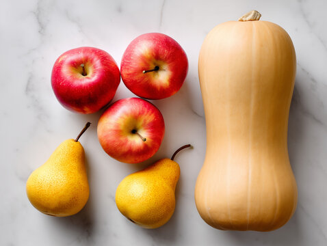 Minimalist Still Life with Butternut Squash, Apples, and Pears on White Marble Background - Powered by Adobe