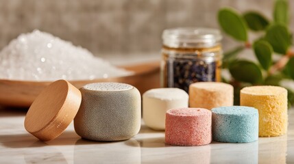 Close medium shot highlighting a focused drybrush among six wellness shower items with the gentle blur of aromatherapy tablets and waterproof speaker hinting at exfoliating and