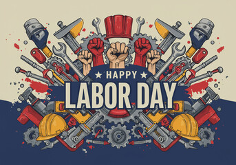 Bold Labor Day Poster with American Workers and Tools Illustration - Happy Labor Day Celebration card , poster or flayer illustration design