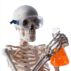 Skeleton Scientist Examining Orange Liquid in Flask