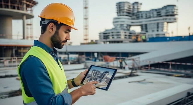 Construction engineer reviewing building plans on a tablet at construction site - Powered by Adobe