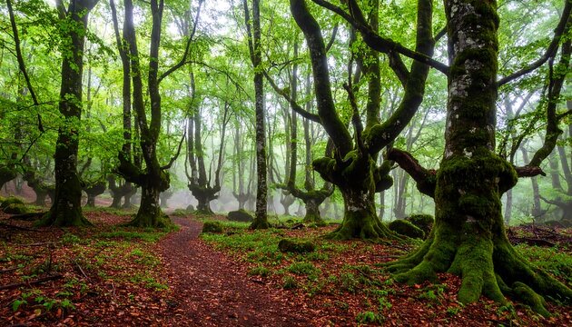 Mystical otzarreta forest landscape featuring path amid beech trees in gorbea natural park